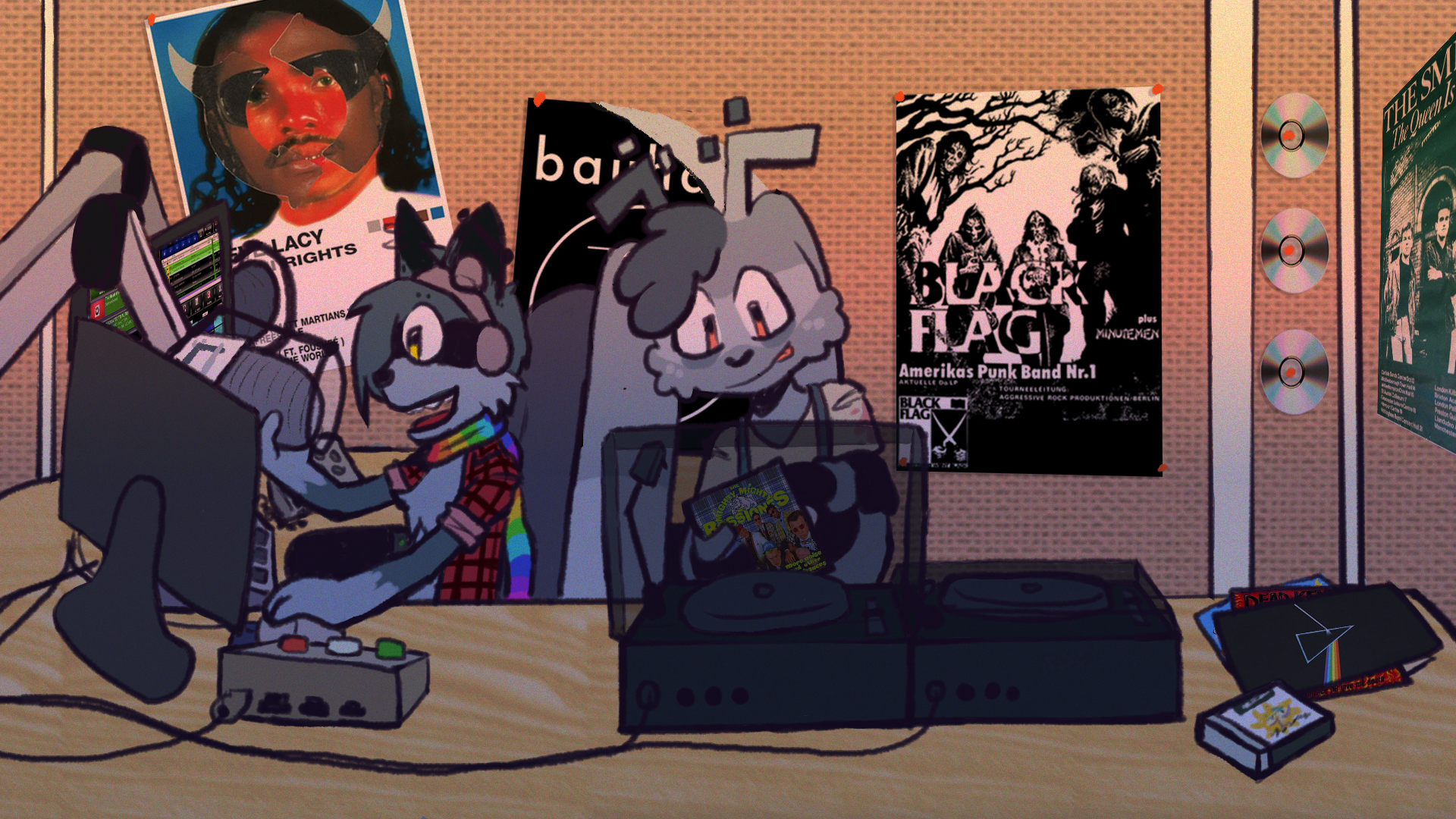 current sheezyart mascot sheemz (jackalope in white shirt) and past sheezyart mascot dante (raccoon with scarf and plaid shirt) inside a radio station. sheemz is holding a Mighty Mighty Bosstones record, getting ready to put it in a record player, while dante is speaking into a microphone to the audience while on air. various music posters and a few cds are scattered around the studio.