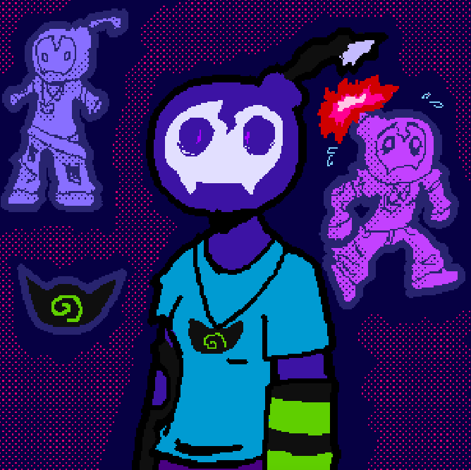 my bombsona (a bombikin persona, like the mascot of the band qbomb). there is a halfbody of a purple bombikin with a blue shirt, one green and black striped armsock, one torn black armsock, a cat amulet with a green swirl instead of a face, and baggy purple pants in the center. there is a small fullbody on the left, a closeup of the amulet below that, and another fullbody on the right with the bombikin being panicked and their fuse being lit red
