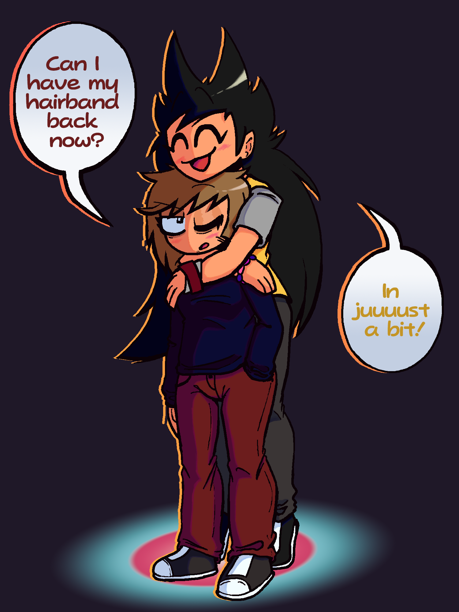 an illustration of dani and coy, genderbent versions of dan and coy from roommates (yes coy has the same name, i'm not very creative lol). dani is hugging coy with her head rested on top of coy's. coy has her hair down. dialogue reads as such. coy: can i have my hairband back now? dani: in juuust a bit!