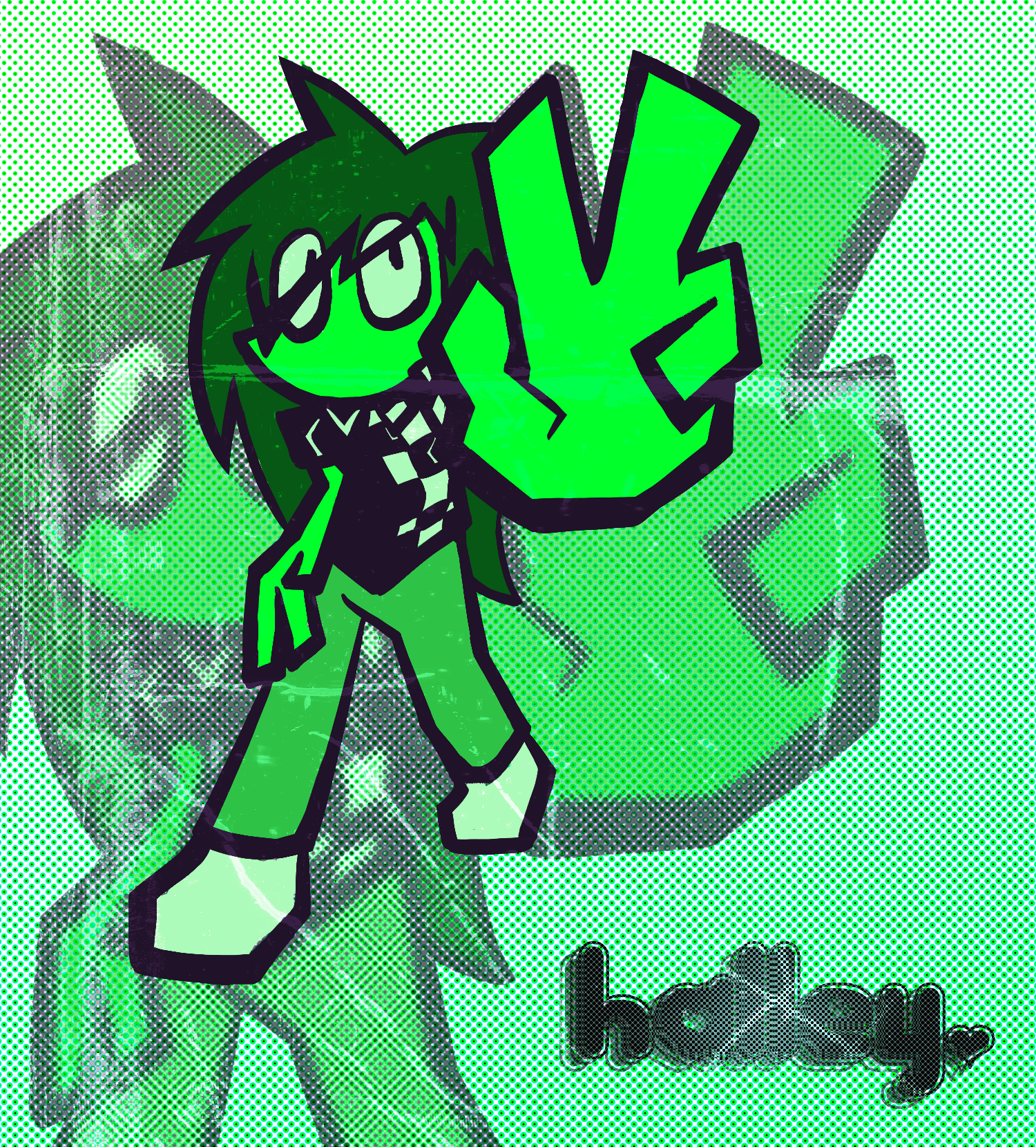 halley throwing a peace sign to the viewer, with a blurrier version of halley doing the same pose in the background and 'halley' in black metallic gradient text