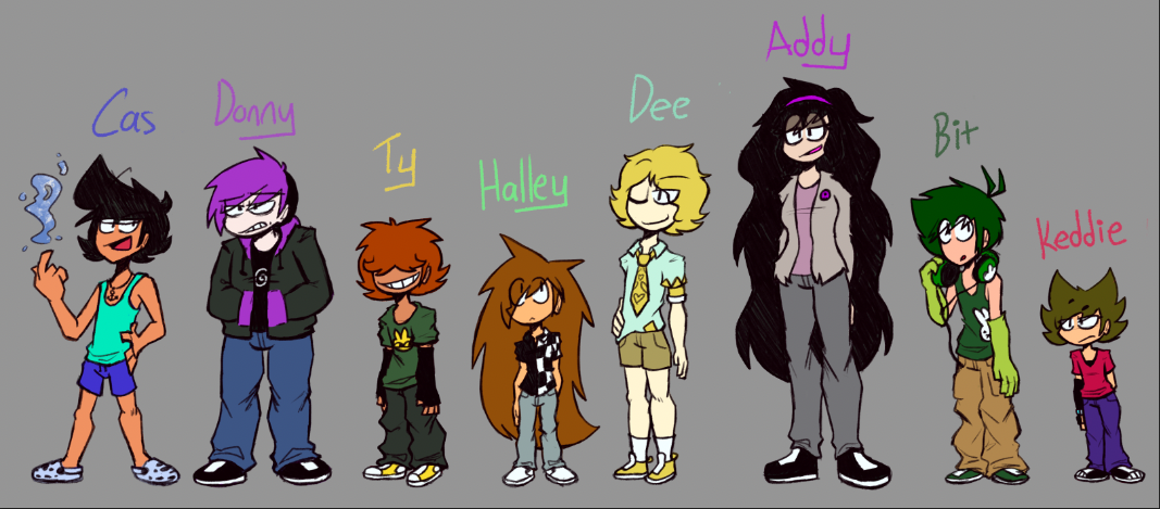 a character lineup of eight characters for something that might be upcoming? from left to right, it's cas, donny, ty, halley, dee, addy, bit, and keddie