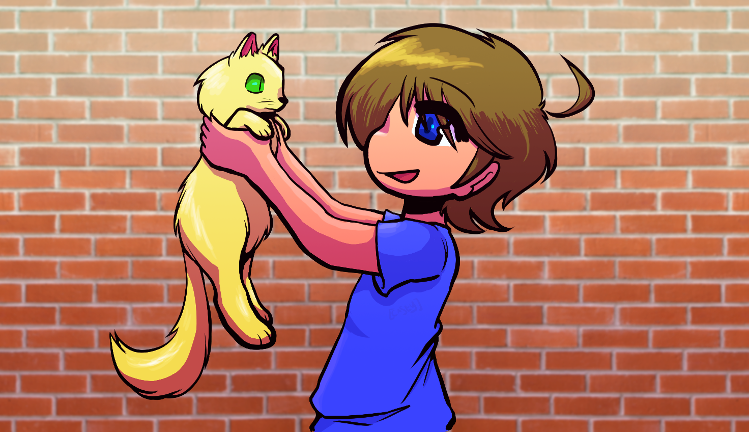 2000s anime style illustration of joseph from roommates holding up his cat fluffy while smiling in front of a brick wall background