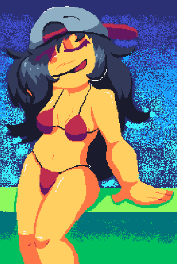 illustration done in jspaint of a genderbent version of a friend in a bikini looking cute (friend in question is cool with this), sitting down on a green bench in front of a gradient sky background.