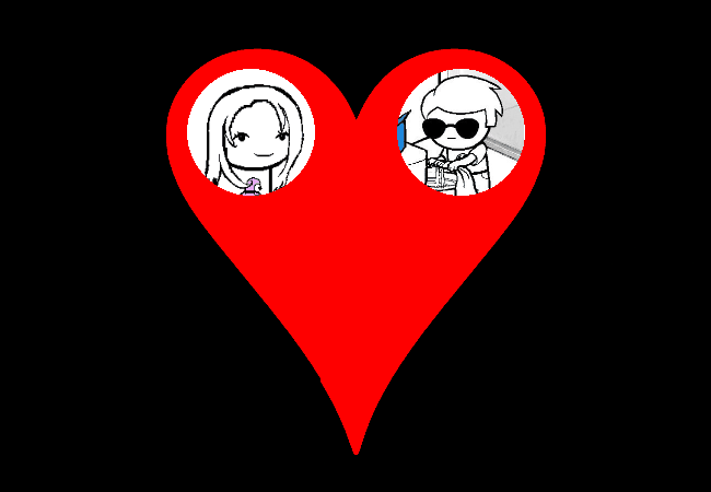 Dave Strider and Sabrina Spellman in a red heart that's slightly glitching against a black background.