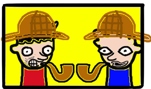 An image of two poorly drawn men, one in a red jumpsuit and the other in a blue jumpsuit. The are both wearing a brown cap while smoking out of two identical pipes.