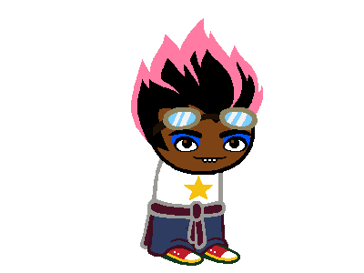 a sprite of a homestuck-style kid with medium brown skin and black hair with pink highlights. he's got a white shirt with a golden yellow star on it and he is wearing blue sweatpants with a fabric belt. on his face, he wears blue eyeshadow and a pair of goggles above his eyebrows