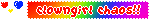 a rainbow blinkie (that does not flash) with little red yellow blue heart-shaped balloons bobbing up and down that reads "clowngirl chaos!!!"