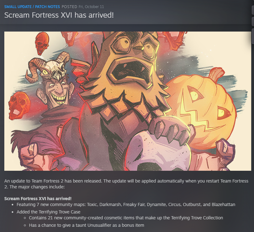 an image showing the 'Scream Fortress XVI has arrived!' update patch notes for Team Fortress 2