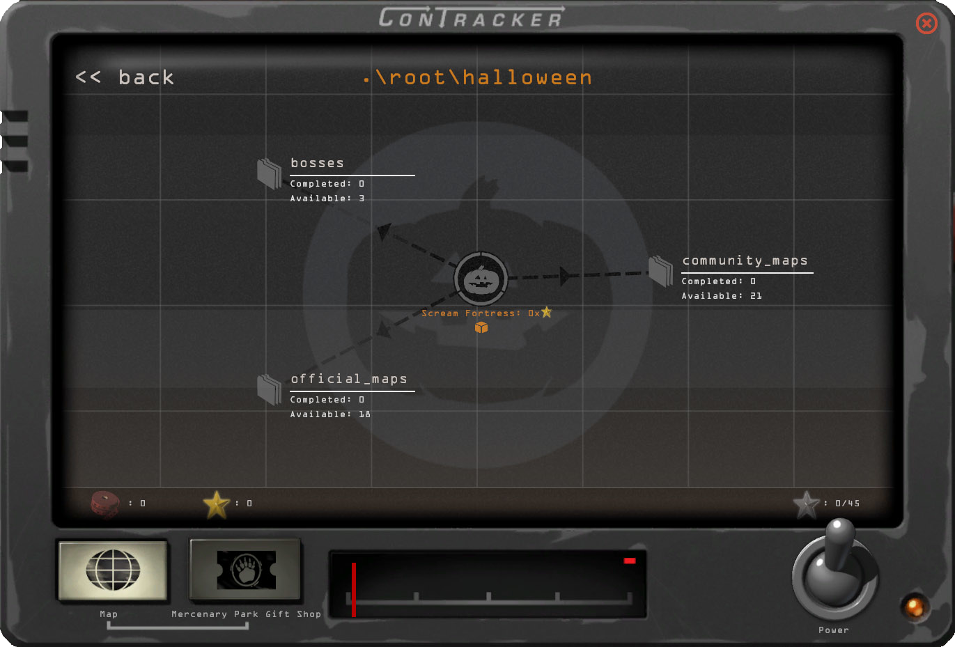 an image showing the TF2 ConTracker menu (a digital interface with a node in the middle reading 'Scream Fortress'. This node links to multiple files labled 'Bosses', 'Offical Maps
	   and 'Community Maps')