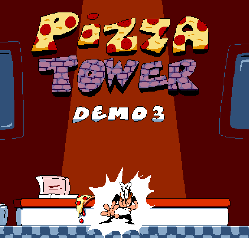 a screenshot showing the demo 3 mod title screen. it's very similar to the sage 2019 title screen, except the background is more orange and peppino is hitting a sick pose beneath the logo.