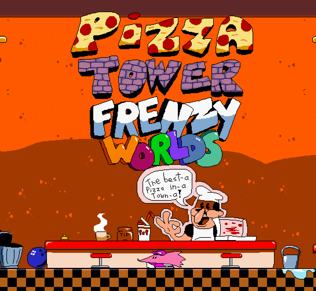 a screenshot showing the frenzy worlds title screen. very similar to demo 3 title screen but the background is even more orange, there is a sign of peppino saying 'the best-a pizza in town-a!' and peppino seems to be replaced by a pink snick for some reason.