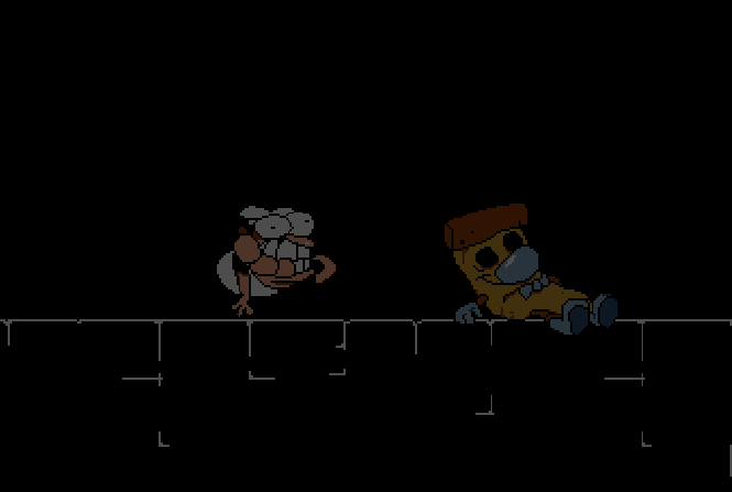 a screenshot peppino standing in the gpb room. an almost pitch black room with dark stone platforms outlined in white. to the right of peppino is a pizza-creature with a golden tinted body, hollowed out eyes and a grey nose and grey gloves. peppino is also eating his hand for some reason. why is he doing that.