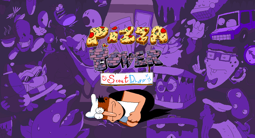 the promo art for pizza tower scoutdigo mod. it shows peppino laying on the floor with a frown and a spot light on him as he is surroned by various baddies. also the background starring the many baddies it colourized purple! the logo is in the top middle of the image.