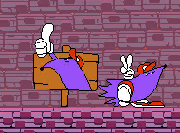 a screenshot showing everyone's favourite purple porcupine hitting a stick pose with a peace sign next to a wodden sign with snick doing a thumbs up on it