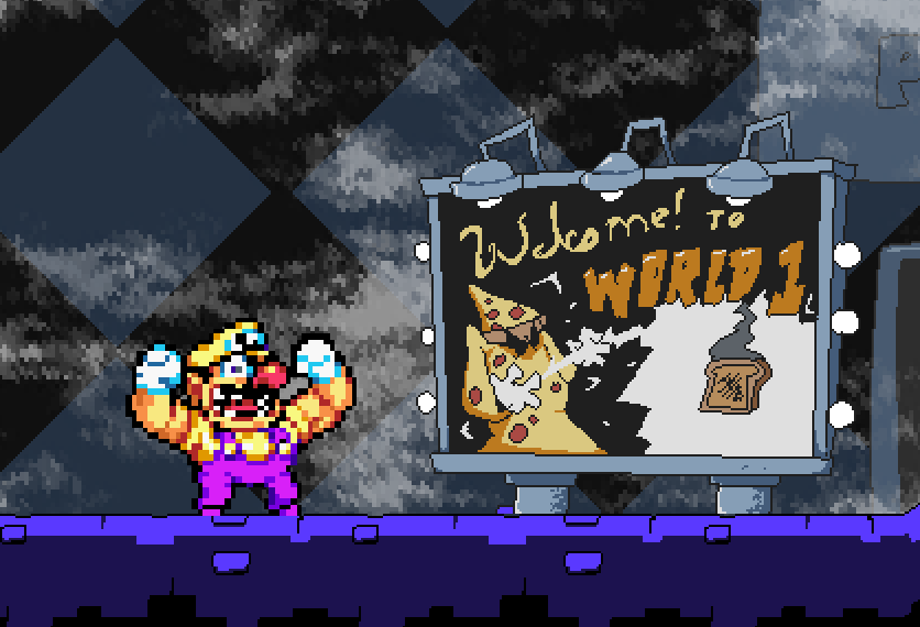 a screenshot showing wario (using his wario land 4 sprites) posing in front of a sign which features a pizzard zapping a slice of bread with lightning magic. the sign says 'welcome to WORLD 1'.