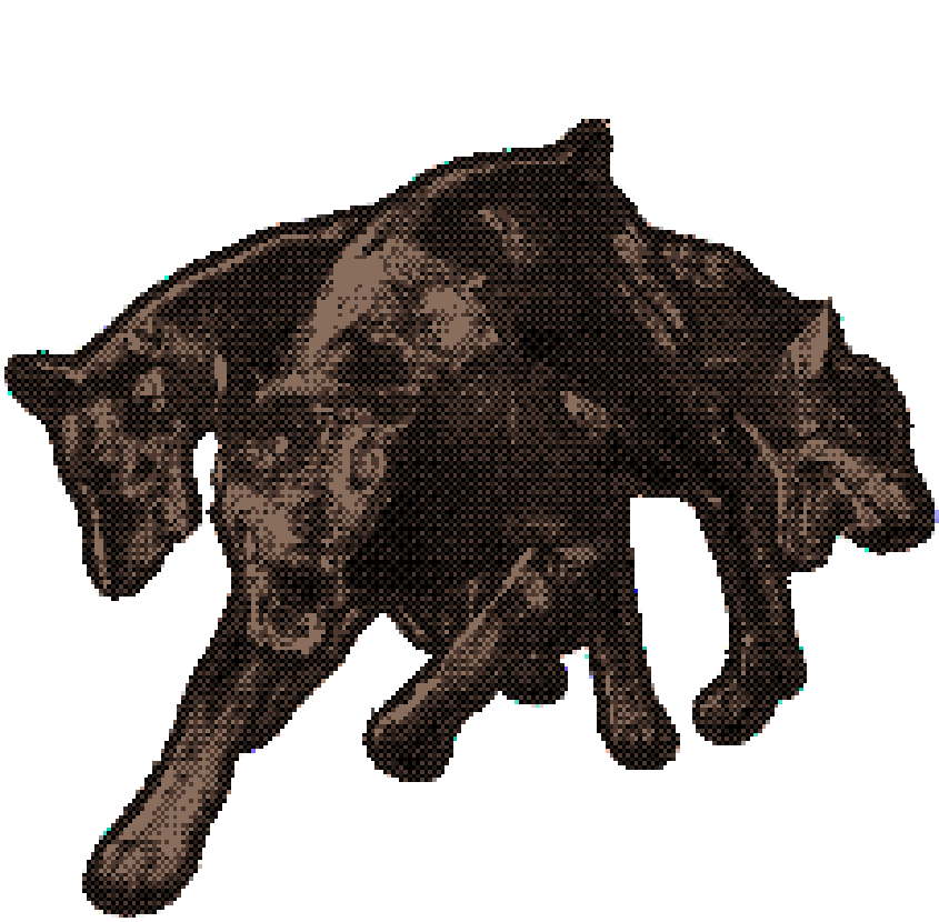 a dithered and edited picture of a cerberus from the resident evil games. the dog has been editted to mimic the myth of cerberus with three heads extending from the neck.