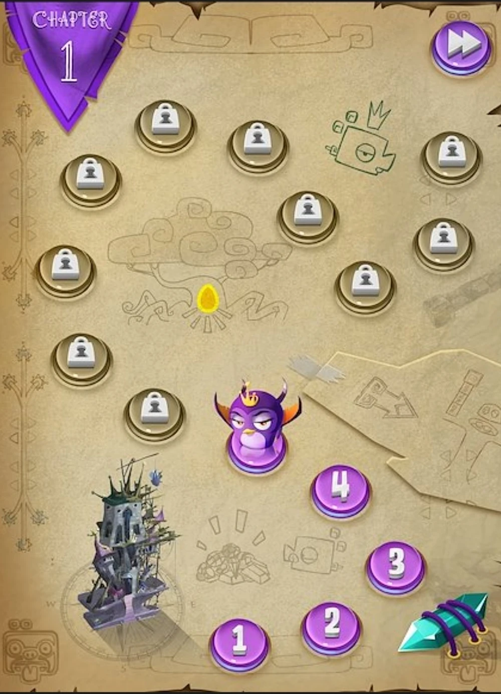 Concept art for a level select screen, in the style of a map. Gale is standing on the 5th stage's button.