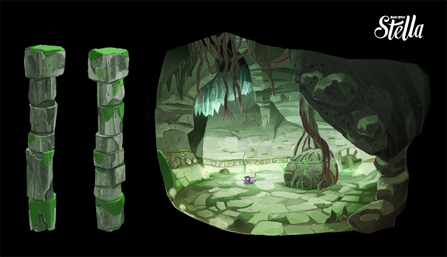 To the left are two mossy stone pillars. To the right is Gale inside a cave, with markings on the walls and a pig monument in the middle.