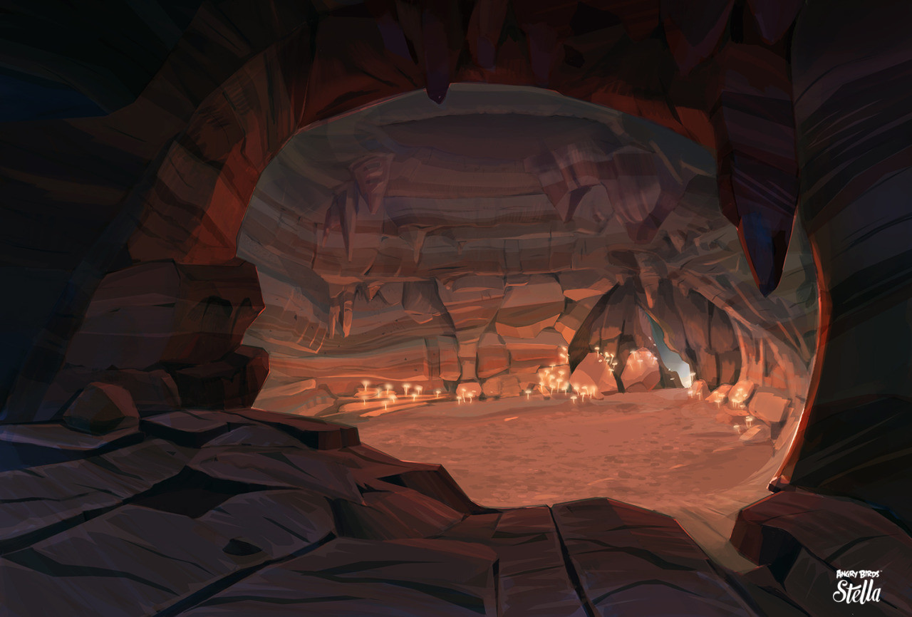 A brown cave with golden mushrooms.