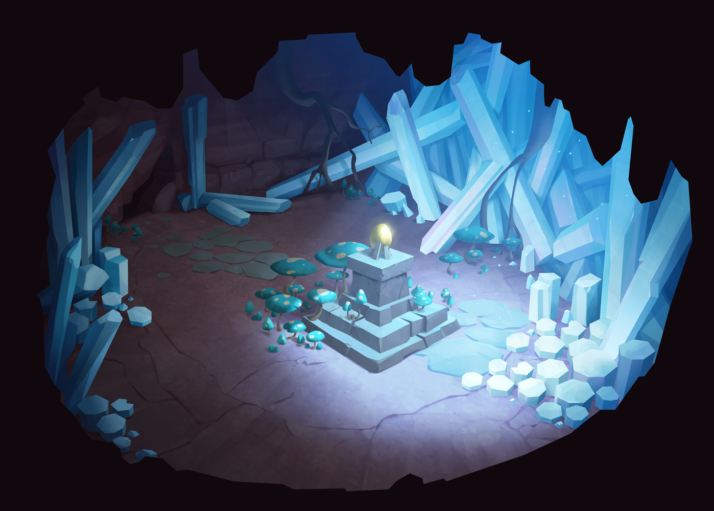 The Golden Egg's pedestal, inside a cave full of blue crystal pillars.