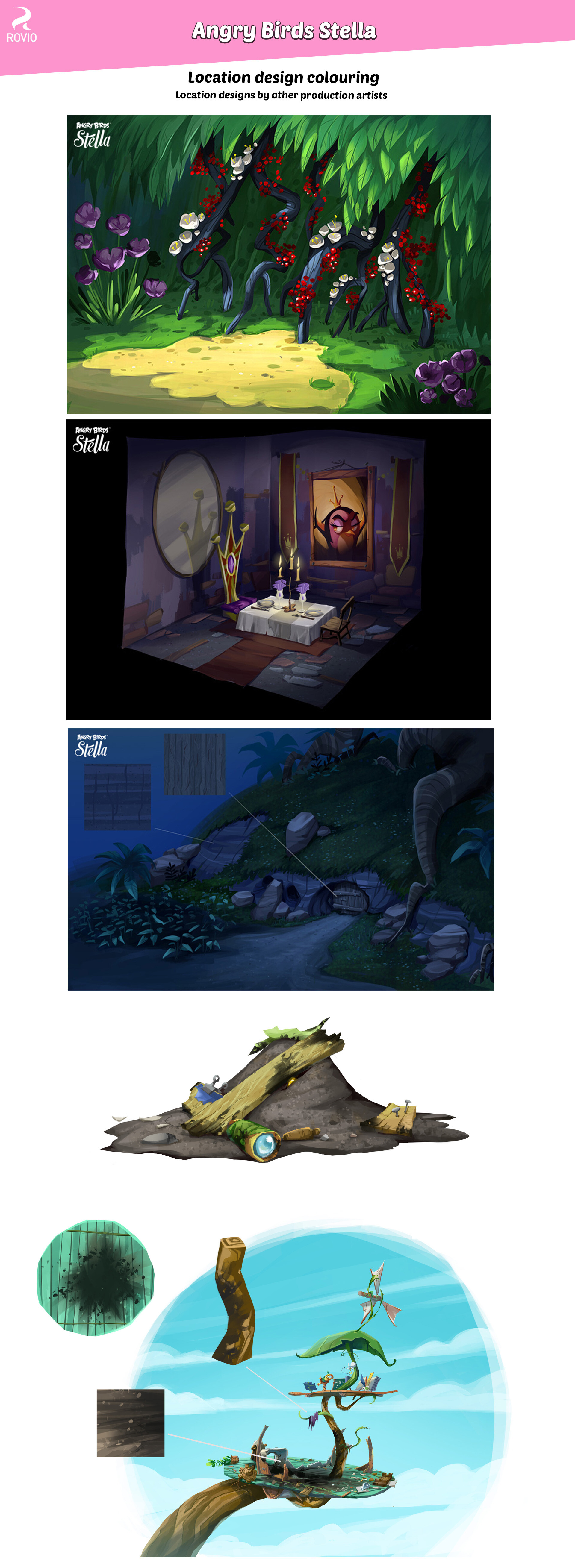 Various concept art for locations. 
The first is of a bunch of flowers in a forest.
The second is of a room that is seen in the episode 'Gilded Cage'. It contains a table with two chairs. One is a throne, the other a dinky wooden chair. A mirror is behind the throne, and a painting of Gale is on the wall beside it.
The third is of a den built into a mountain.
The fourth is a pile of wreckage.
The fifth is Dahlia's destroyed lab, as seen in the end of the episode 'It's Mine!'