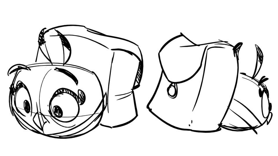 Dahlia with a backpack, shown in 2 angles: One at a 3/4 angle, and one where she's facing away from the camera.
