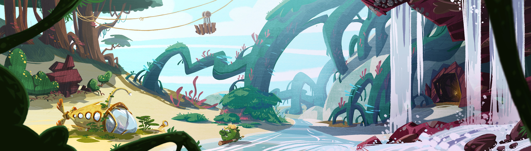 A river, with a beach to the left, and a waterfall with a cave to the right. There are massive roots all over the place. On the beach is a crashed submarine, and a primal-looking pig holding a club