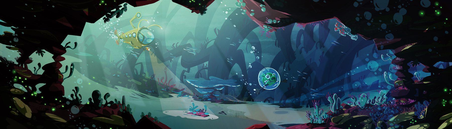 Underwater view of Golden Island's ocean. A scared pig in a bubble is swimming around, with a submarine trailing behind him. (Or maybe he's being chased by it :O)