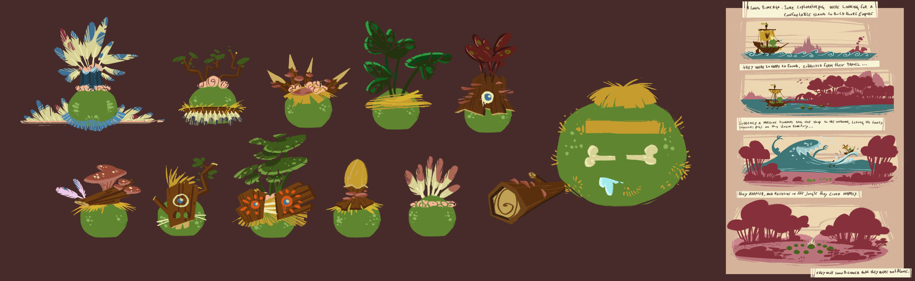  concept art of several tribal-looking pigs, with a four panel comic on the left.
Panel One: 'A long time ago, some explorator pig(s) were looking for a comfortable island to build there[sic] empire.' A pig with a crown on a ship sailing on the seas, looking through a telescope. Several islands can be seen in the background.
Panel Two: 'They were so happy to found, exhausted form[sic] their travel...' The ship in the first panel drifting towards Golden Island.
Panel Three: 'Suddenly a massive tsunami sail the ship to the unknown, leaving the lonely pioneer pigs on the virginal territory...' The pigs watching as a tsunami (with claws and teeth) launches their ship away.
Panel Four: 'They adapted, and reclusive in the jungle they lived happily. They will soon discover they were not alone.' The pigs sitting in a jungle, circling around a pig wearing a crown made of feathers.