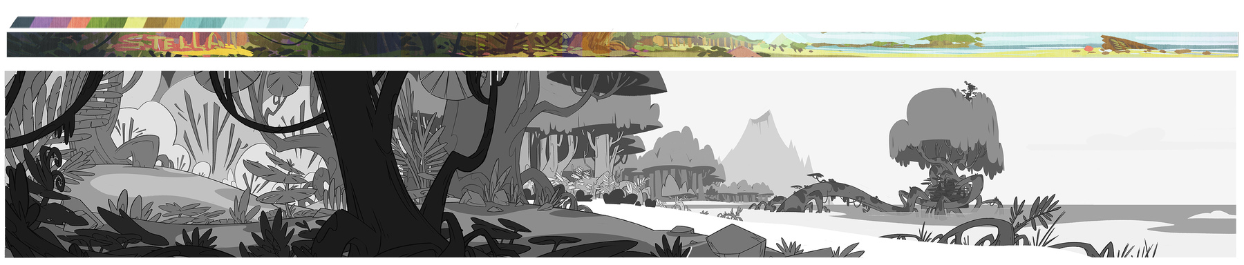 On the top left is a colour palette.
Below said pallete is a coloured sketch that depicts a wide shot of a bit of the forest and the beach that leads to it. At the far left are structures in the forest that seemingly spell out 'STELLA', on the far right is a pink blob (presumably Stella) inspecting what appears to be a shipwreck on the beach.
Below that coloured sketch is a black-and-white drawing of a bit of the forest and the beach that leads to it, this time the Big Tree is clearly in view. In the background is a volcano.
