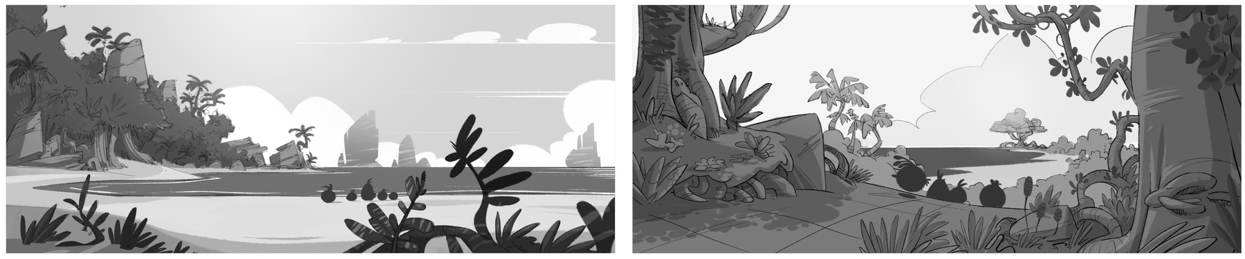 Two black-and-white sketches.
The first is of a bunch of birds walking on the beach.
The other is them entering the forest that said beach leads to.