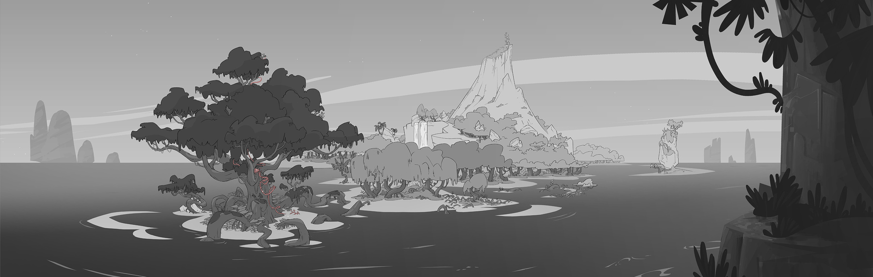 A black-and-white drawing of Golden Island. It is an island covered in forests, with a waterfall and a volcano on one end. Connected to the other end of the island is a tinier island with a giant mangrove tree on it.