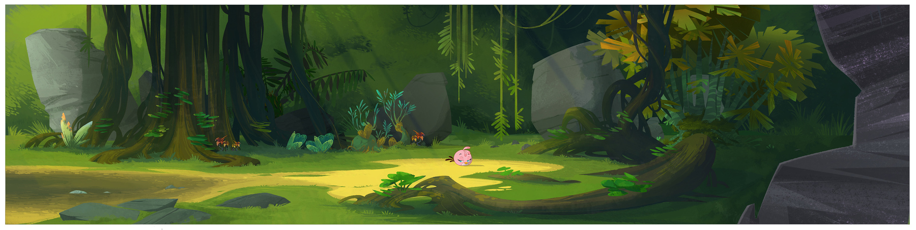 Stella standing in a highlighted patch of grass in a forest, surrounded by boulders and trees.