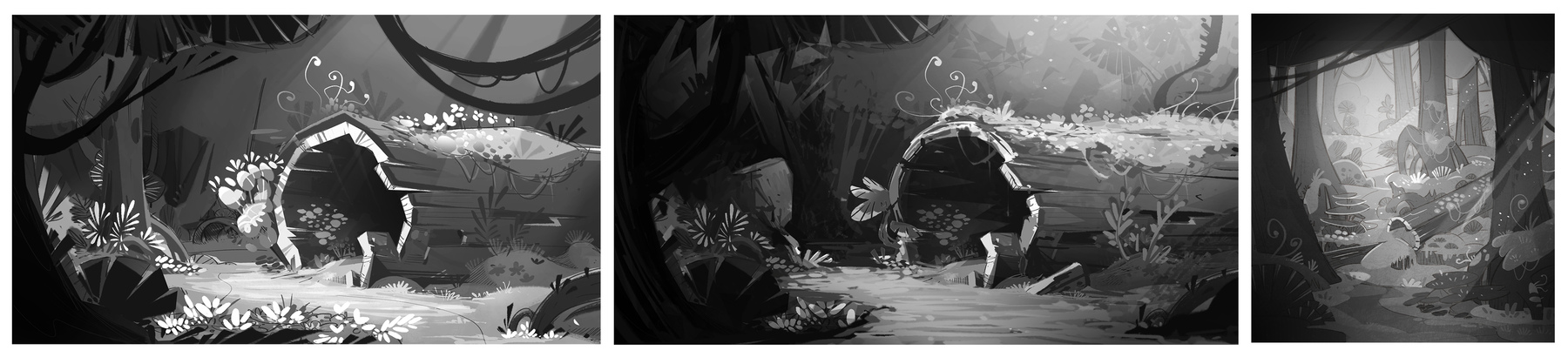 3 black-and-white drawings.
The first one is of a giant log covered in moss, sitting in the middle of a forest.
The second is identical to the first, except with a slightly more detailed background and lighting.
The third is also of an old trunk in a forest, except the camera is further back now.