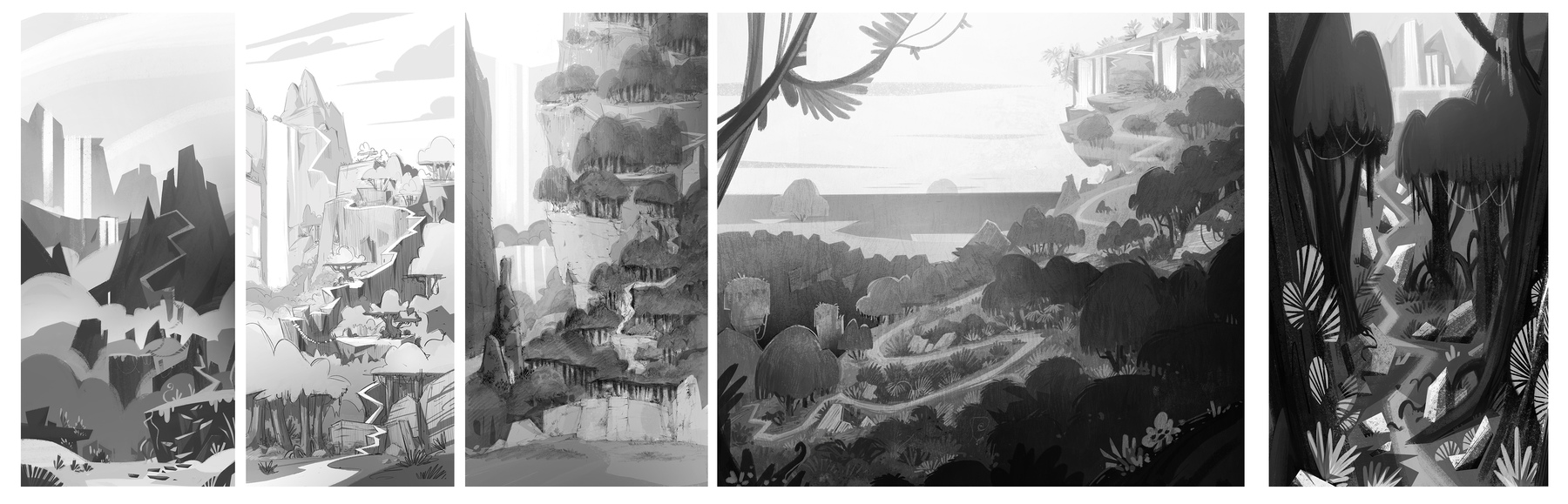 5 different renditions of varying amounts of detail of a mountain trail leading to a waterfall.