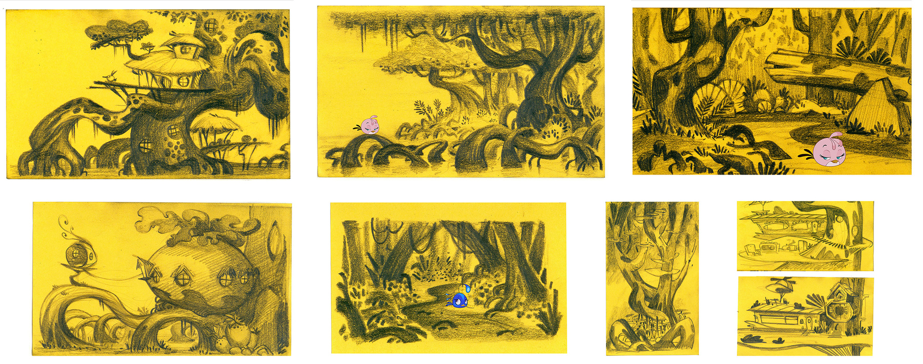 8 pencil sketches on yellow paper.
The first is of a treehouse on a mangrove tree with windows along its trunk. On its perch is a round bird with 2 head feathers.
The second is of the bottom of the mangrove tree. An early sprite of Stella has been digitally edited on top of one of the roots.
The third is of a forest scenery. An early sprite of Stella has been digitally edited within it.
The fourth is of more treehouses. One is shaped like a giant tomato, and it is connected to another, smaller treehouse.
The fifth is of another forest scenery. This time, an unused sprite, presumably an early version of Gale, is digitally edited with in.
The sixth is of a tree with various platforms on it.
The seventh and eighth are of more treehouses.
