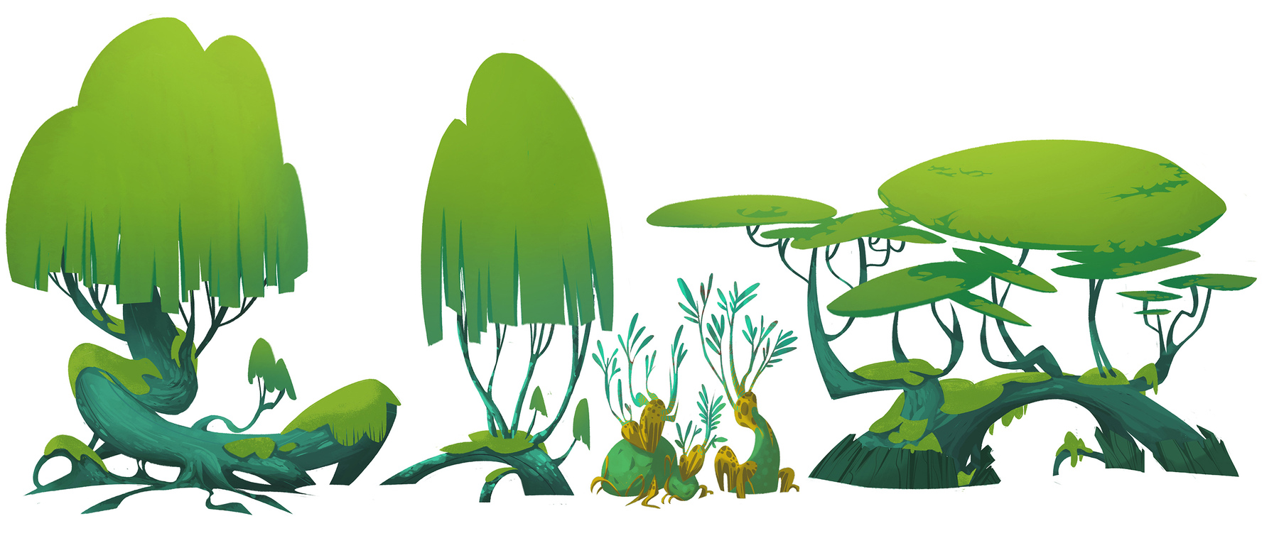 Concept art of various moss covered trees.
