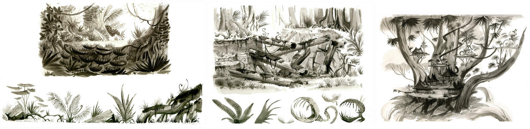 Several sketches of plants and forest scenery. Plus a sketch of the mangrove tree with the Stella flock's treehouses.