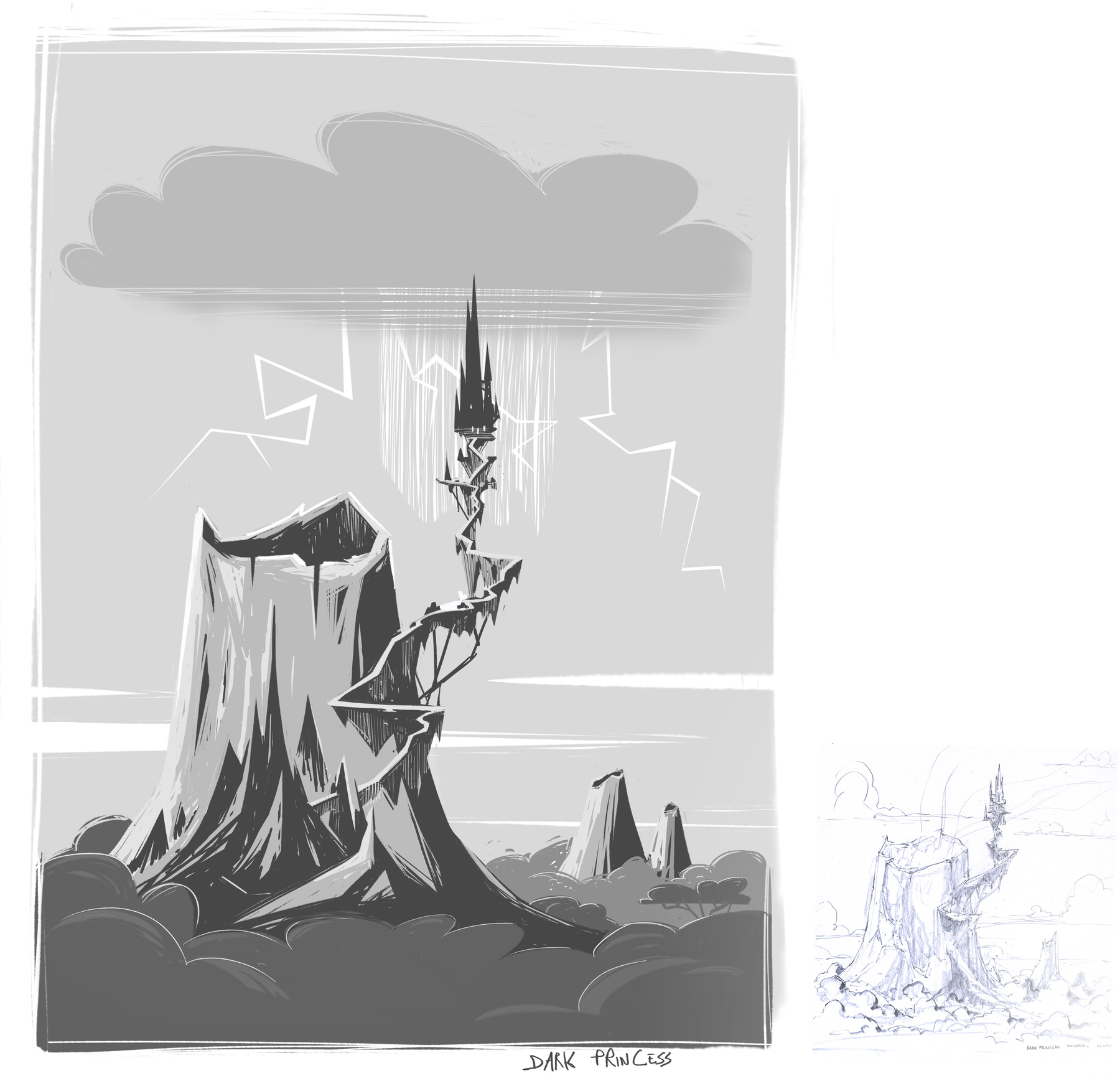 A sketch of Gale's castle. It is stationed on a rickety path besides the volcano, shrouded in darkness and storm clouds. Beside it is a smaller, identical sketch.