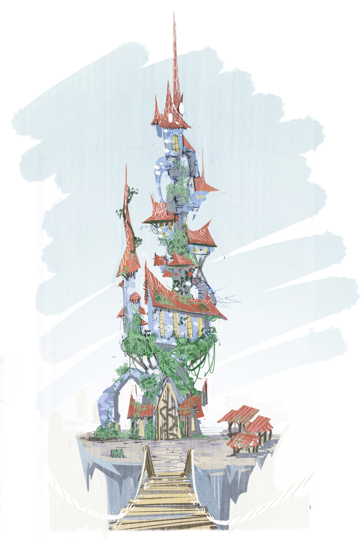 Gale's castle, with a drawbridge leading to it, and vines growing on the castle walls.