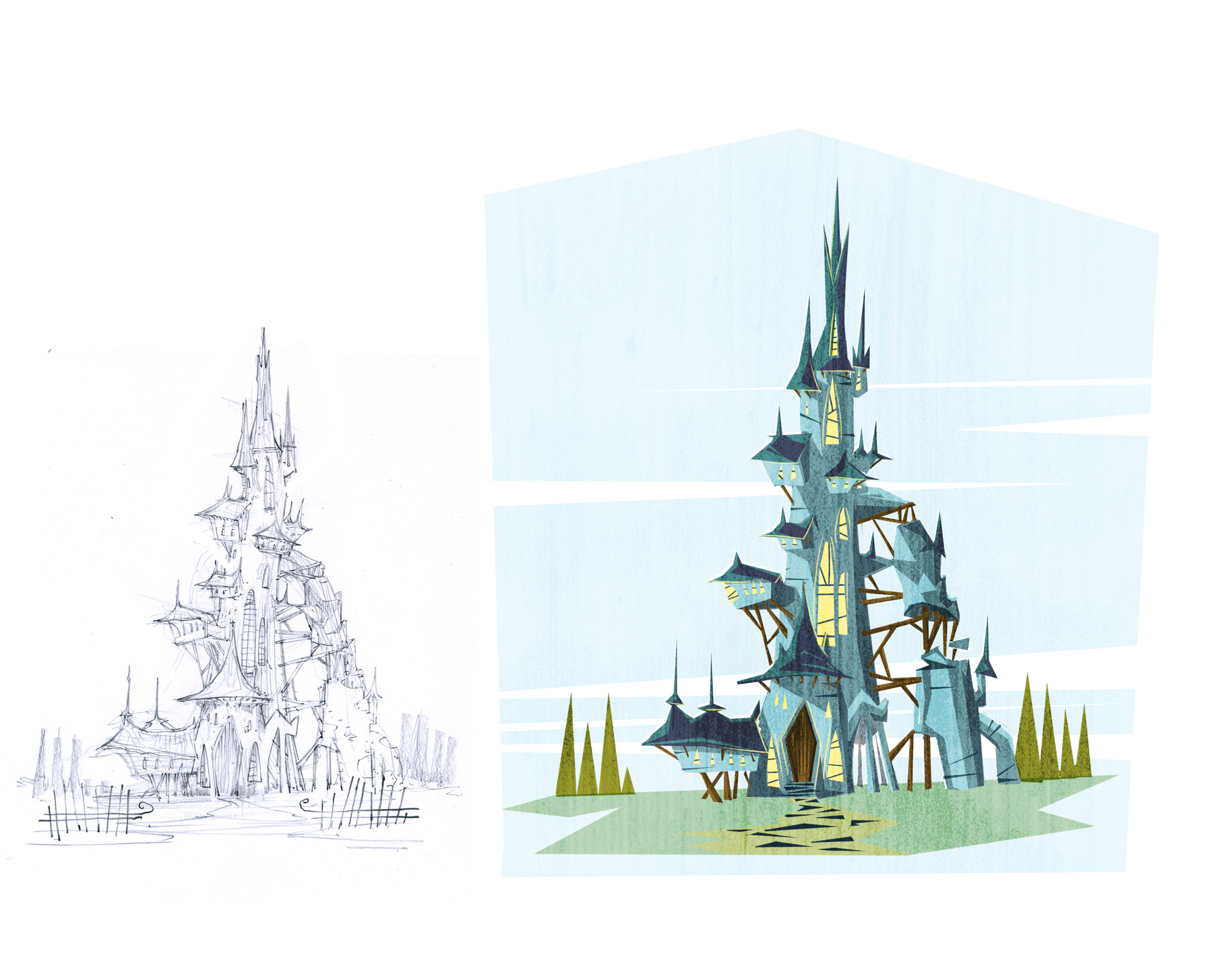 A pencil sketch of Gale's castle, and a coloured version.