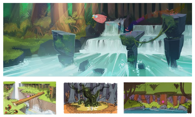 A collage of four images:
A rapidly flowing river, with a pink bird jumping over several rock pillars over the river.
A ravine with a log bridge connecting the two ledges.
An old, withered tree, with something glowing at its base.
A lake in a forest.