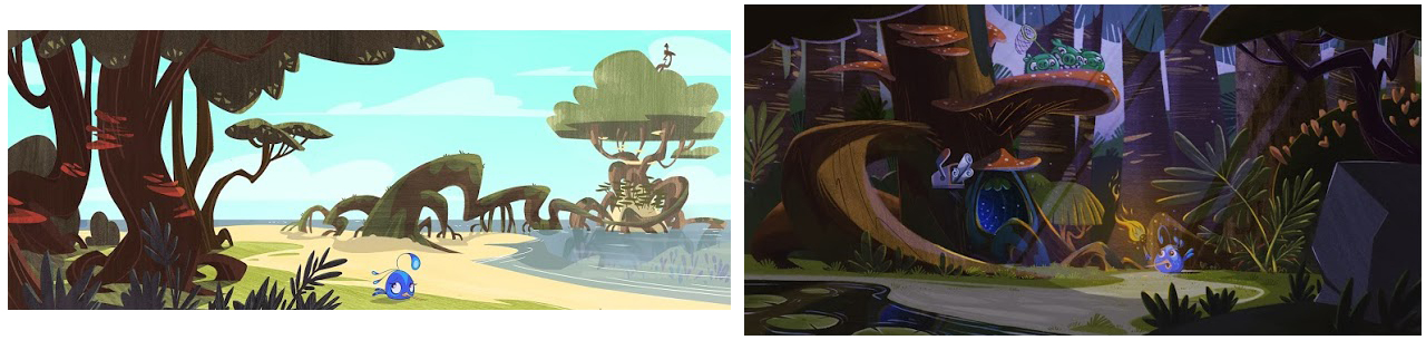 2 drawings.
The first is of the beach that connects to the Big Tree. An early version of who is presumably Gale is walking along the beach.
The second is deep within the forest. The bird from the previous drawing is inspecting a mysterious tree with something inside its hollow trunk. Above her are pigs standing on a mushroom, holding nets.