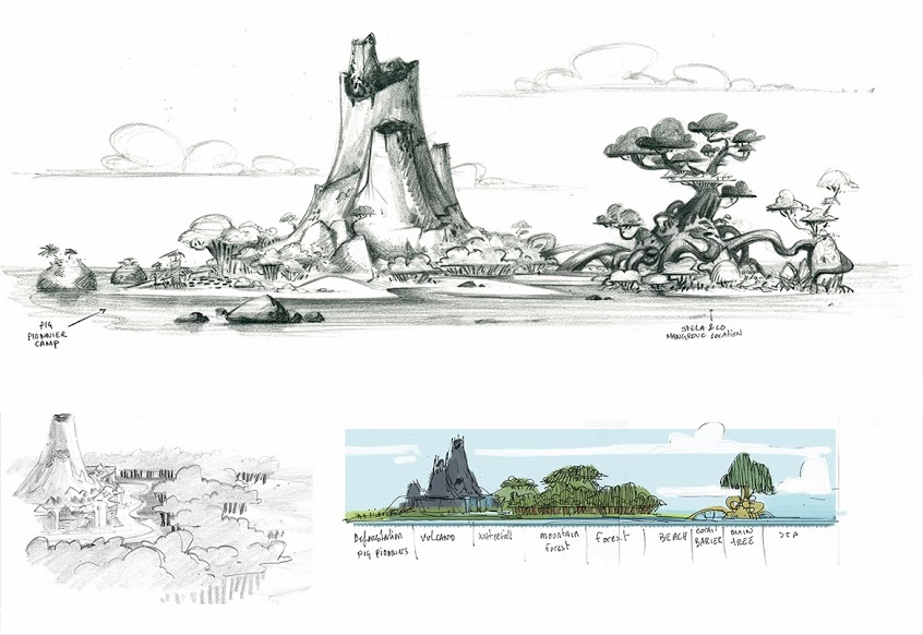 A sketch of the island, with 'Pig pioneer camp' and 'Stella & co. mangrove location' pointed out. Below is a pencil sketch, and a coloured sketch listing out notable locations, from left to right: Deforestation + Pig pioneers, Volcano, Waterfall, Mountain forest, Forest, Beach, Coral barrier, Main tree, Sea.
