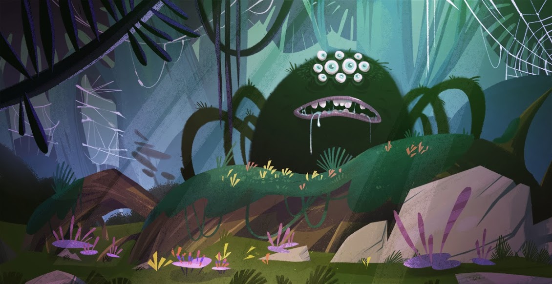 Concept art of a gigantic spider monster residing deep in the forest. It sports 10 googly eyes and a giant drooling mouth.