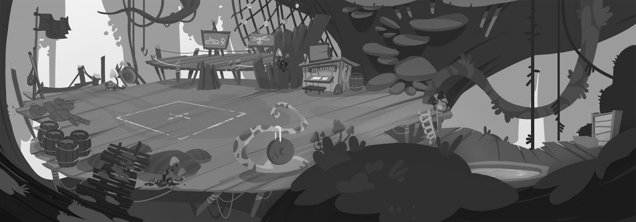 A black-and-white drawing of the Big Tree's main hub. It consists of several platforms. There are whiteboards on the top platform. The platform below it has a piano, a gong, several barrels, several other indistinct objects, and a staircase leading down the tree, adorned with a flag. The lower platform contains a bathtub and some shelves.