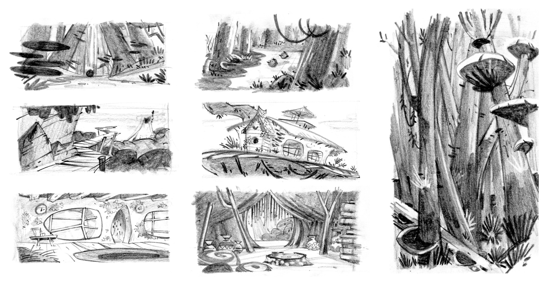 Various sketches of forests and treehouses.