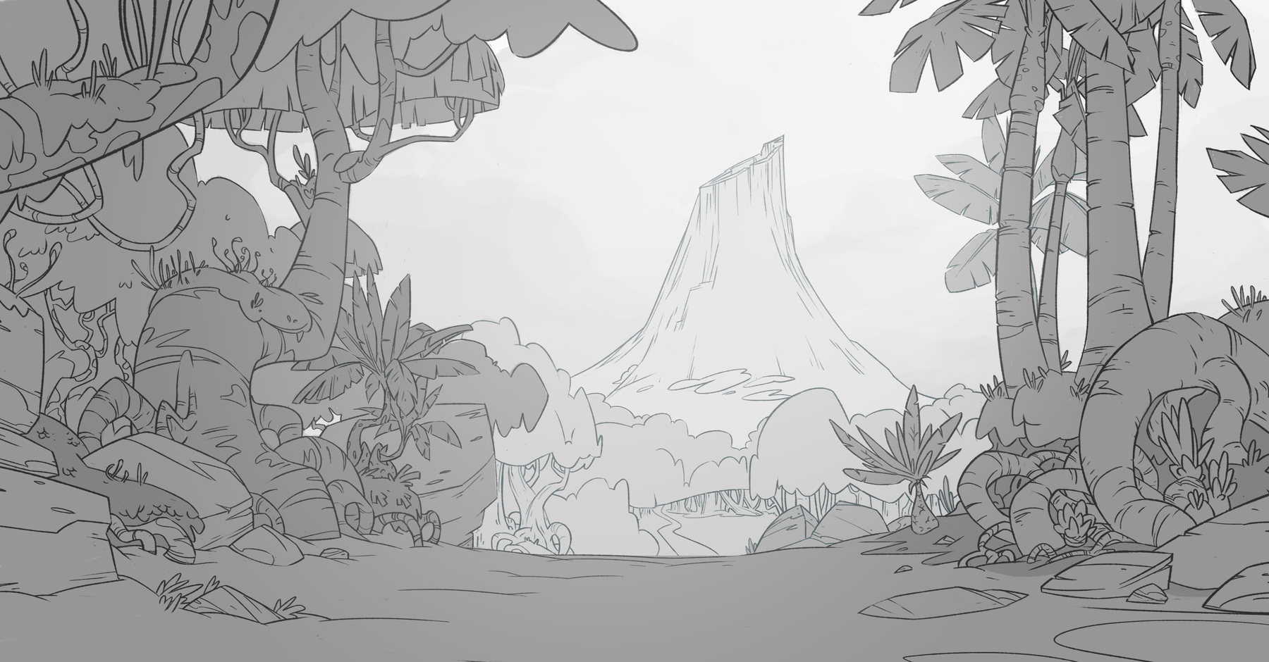A monochrome drawing of a forest path leading to the volcano.