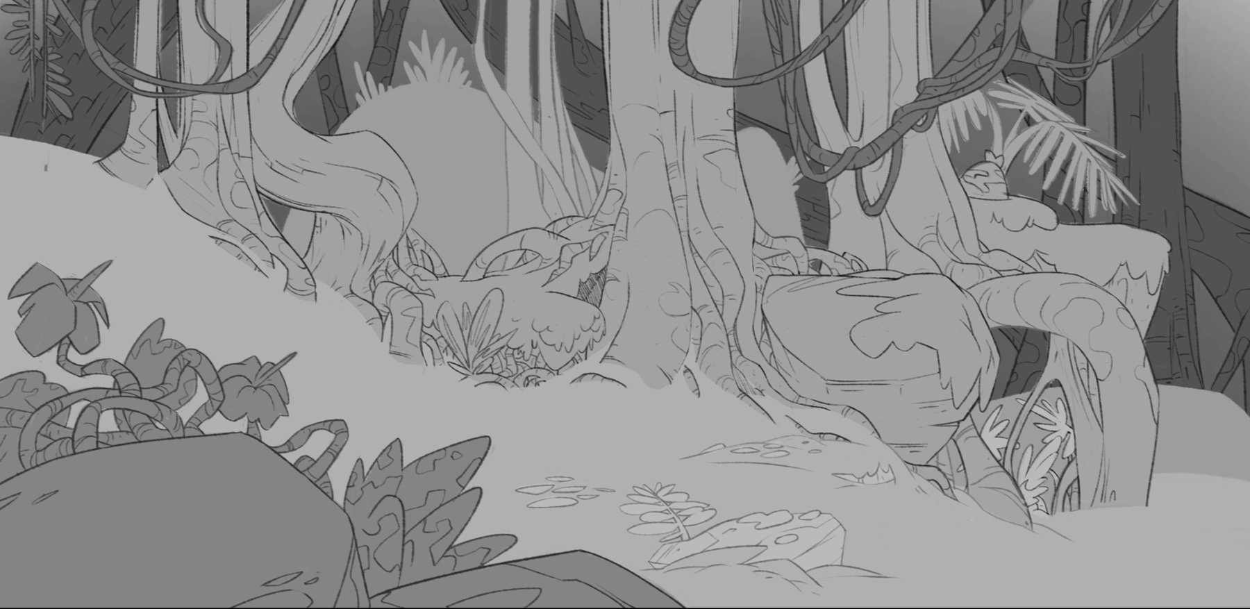 A monochrome sketch of forest scenery. It consists of trees, vines, mossy rocks, with some flowers in the foreground.