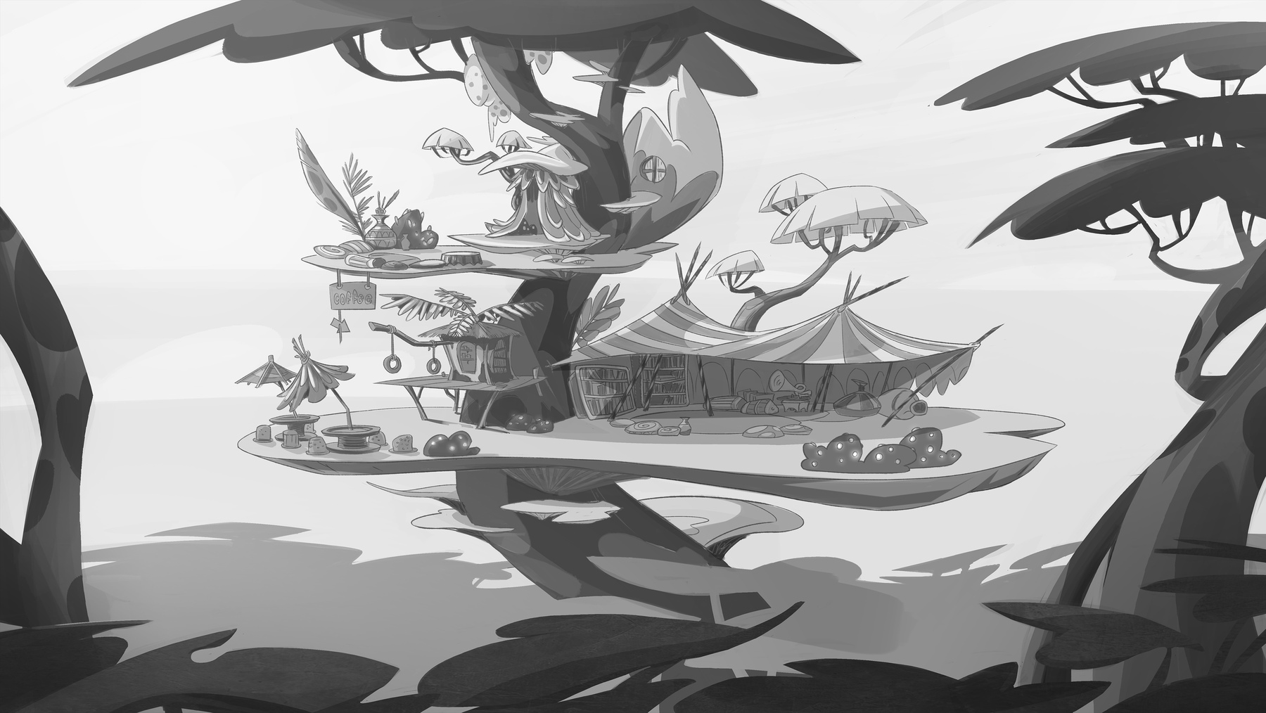 Early concept art of Willow's treehouse. It is a tent with bookshelves, a record player, some vases, and various pillows strewn about. Outside the tent is a cafe with tire swings. Above the cafe is another smaller hut with pillows in front of it.